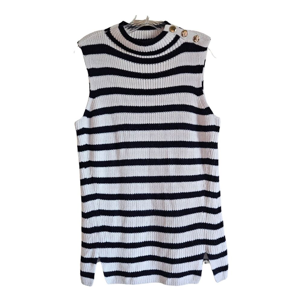 Loft Ann Taylor Women's M Sweater Tunic Tank Navy White Gold Buttons Striped 36"